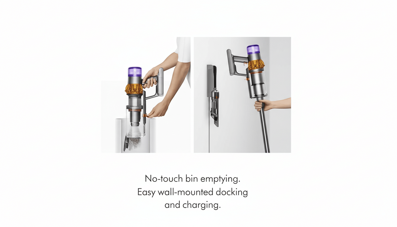 A Dyson vacuum cleaner being emptied and docked on a wall mount.