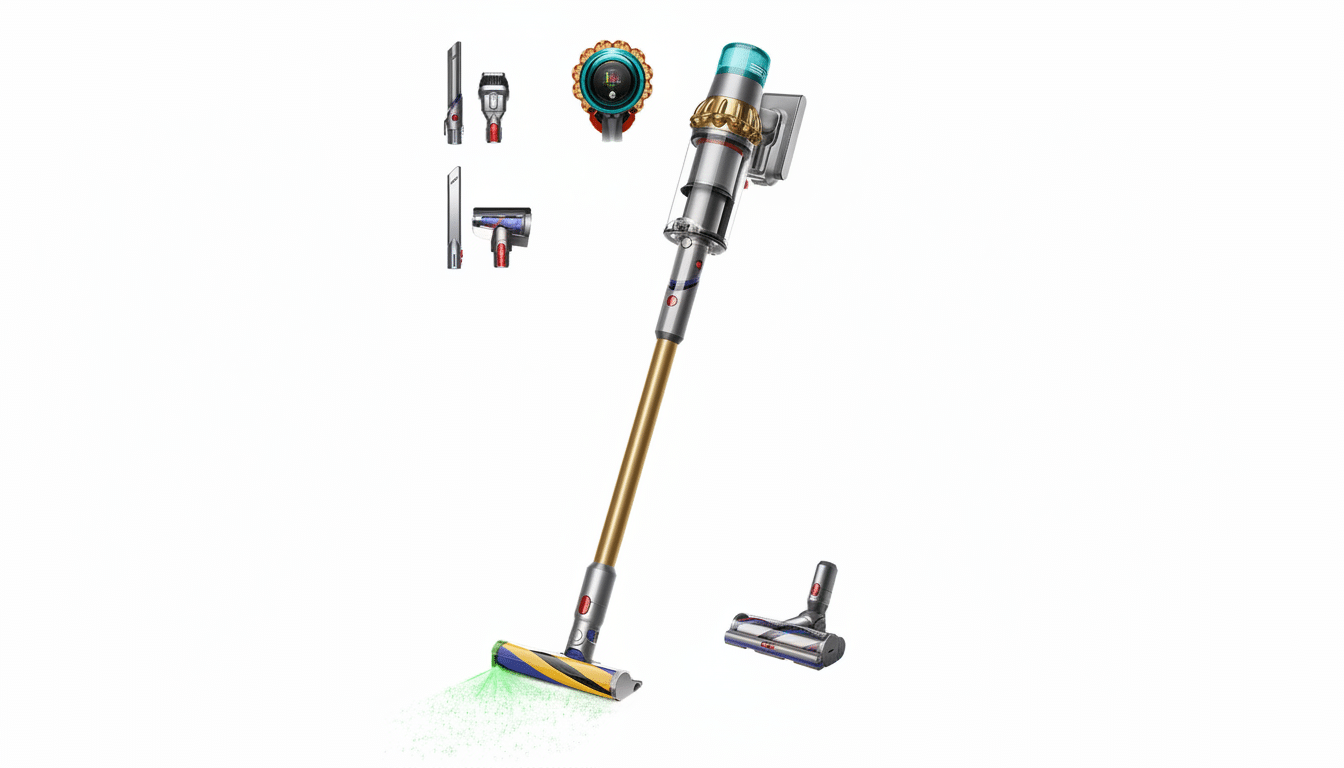 A Dyson V15 Detect Absolute vacuum cleaner with a gold wand and various attachments, including a fluffy optic cleaner head with green laser illumination, presented on a white background.