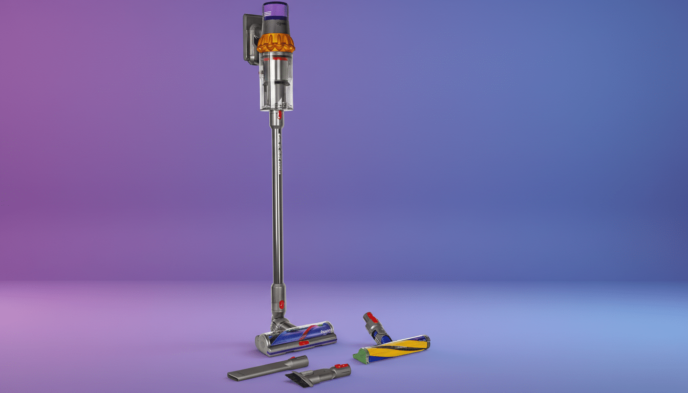 A Dyson V15 Detect Absolute cordless vacuum cleaner with various attachments, presented on a professional gradient background.