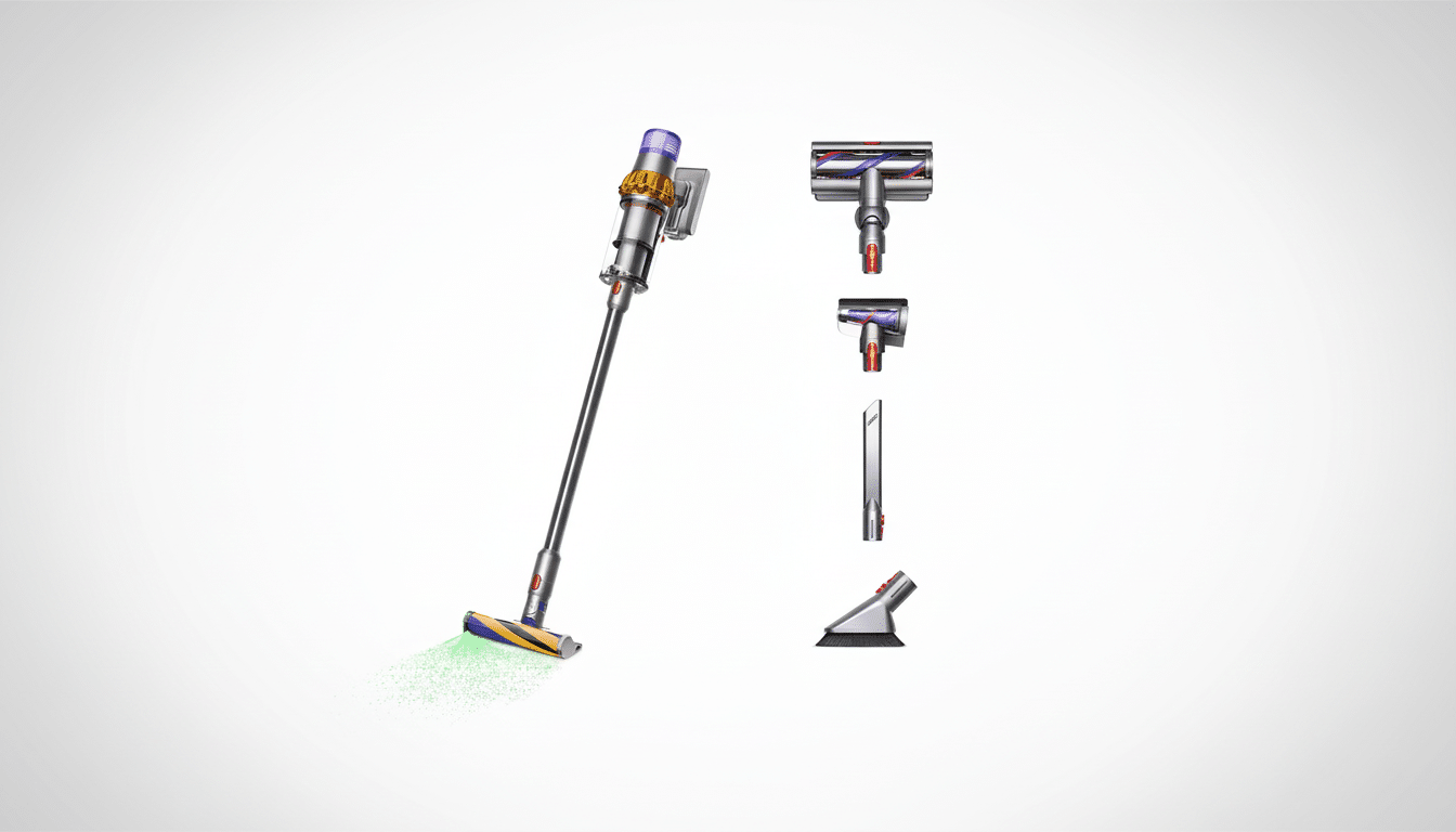 A Dyson V15 Detect cordless vacuum cleaner with its various attachments displayed on a professional flat design background with a soft gradient.