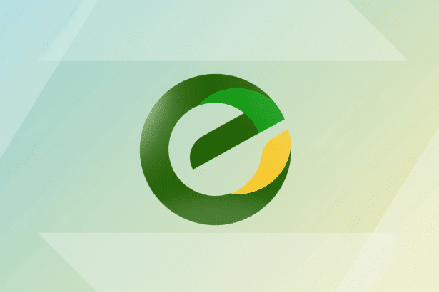 A green and yellow e logo on a professional flat design background with soft patterns and gradients.