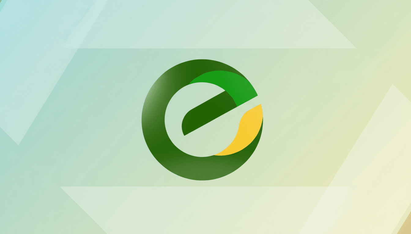 A green and yellow e logo on a professional flat design background with soft patterns and gradients.