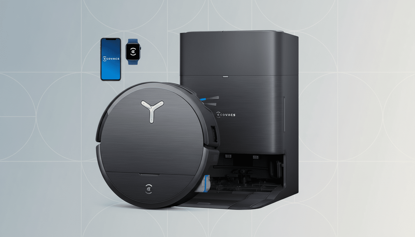 A dark gray robotic vacuum cleaner and its charging station, accompanied by a smartphone and smartwatch displaying the Ecovacs logo, presented on a professional flat design background with soft patterns.
