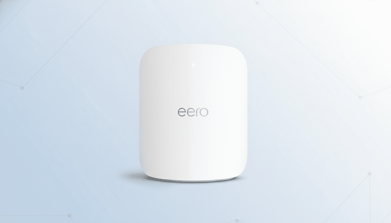 A white Eero mesh Wi-Fi router on a light blue background with subtle geometric patterns, presented in a 16:9 aspect ratio.