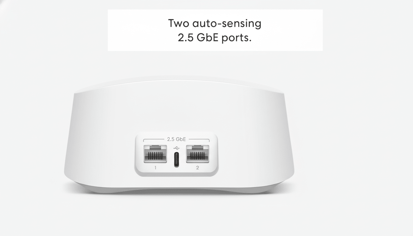 A white device with two auto-sensing 2.5 GbE ports and a USB-C port, presented on a clean, light gray background with the text Two auto-sensing 2.5 GbE ports.