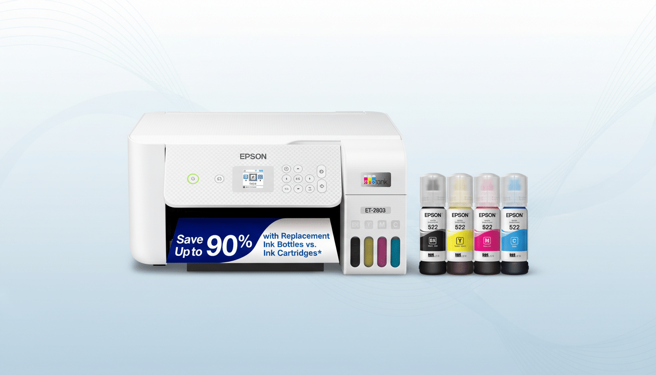 An Epson ET-2803 printer and four Epson 522 ink bottles (black, yellow, magenta, cyan) are displayed on a professional flat design background with soft patterns.