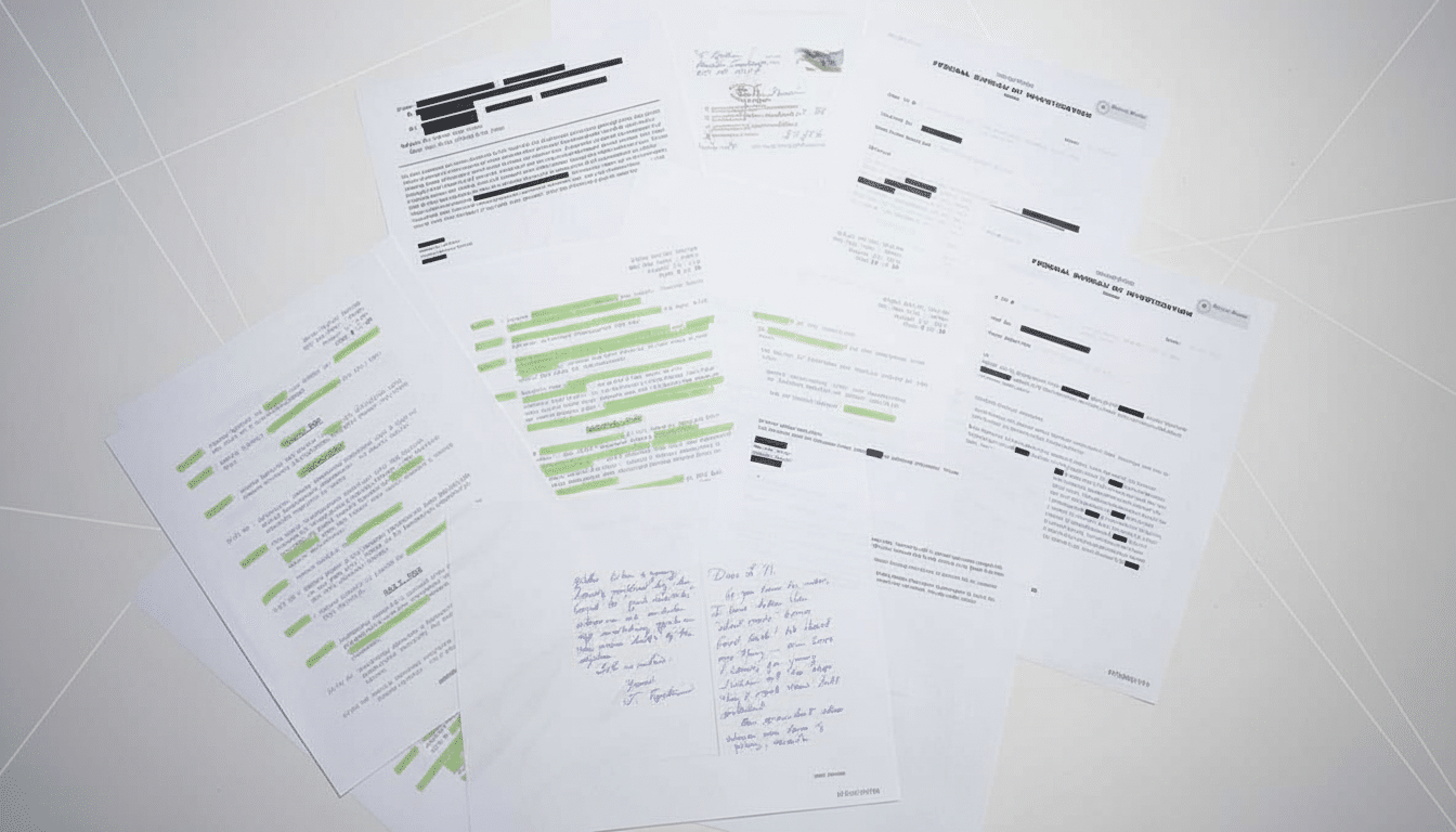 A collection of documents, some with redacted information and highlighted sections, spread out on a professional flat design background with subtle geometric patterns.