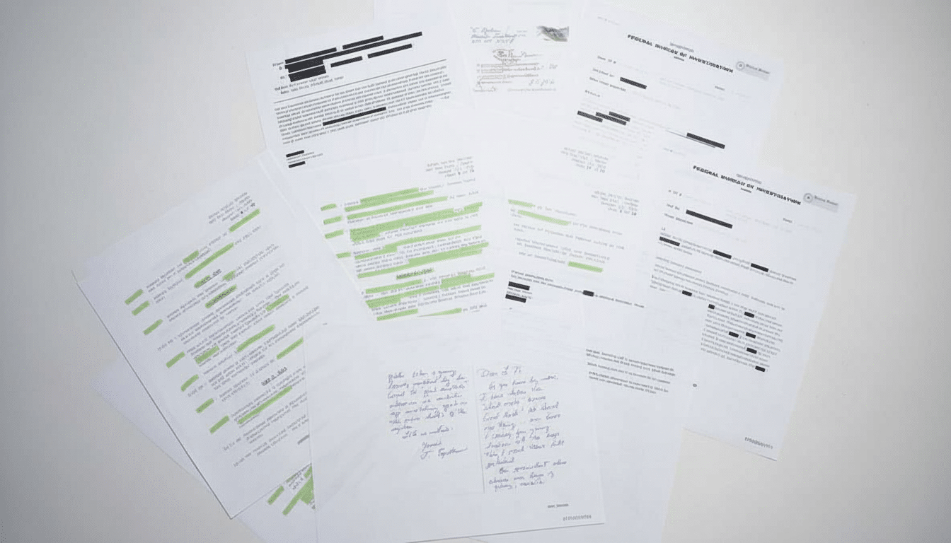 A collection of documents, some with redacted information and highlighted sections, spread out on a white surface.