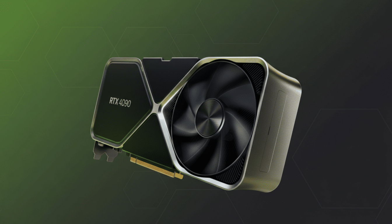 A professional, enhanced image of an RTX 4090 graphics card on a dark green background with subtle hexagonal patterns.