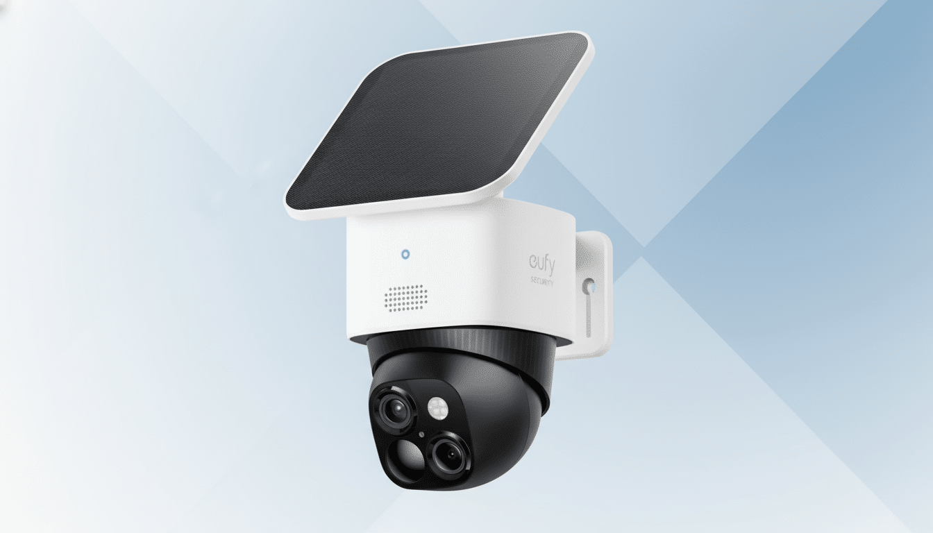 A white and black Eufy Security camera with a solar panel on top, set against a professional light blue background with subtle geometric patterns.