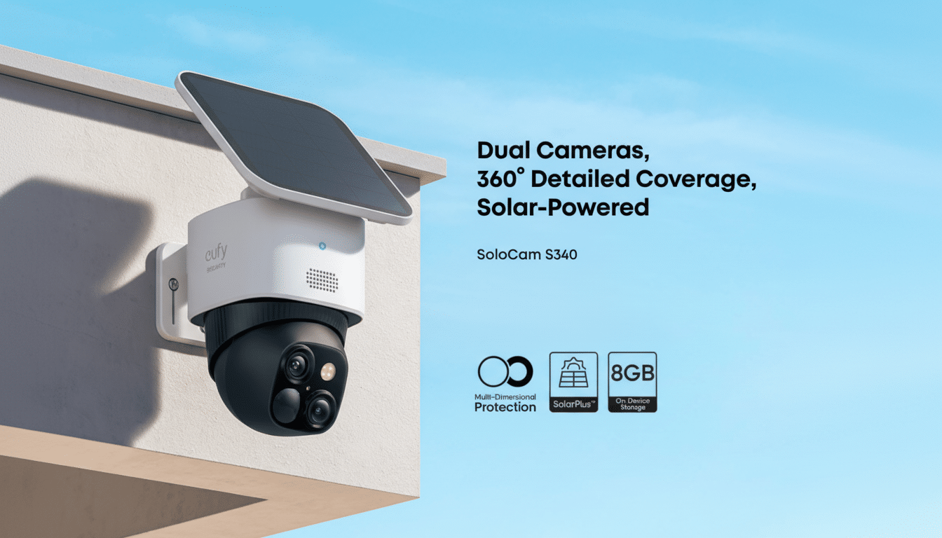 A white and black eufy security SoloCam S340 camera with a solar panel attached, mounted on a light-colored wall against a clear blue sky. Text on the right highlights Dual Cameras, 360° Detailed Coverage, Solar-Powered and SoloCam S340, along with icons for Multi-Dimensional Protection, SolarPlus™, and 8GB On-Device Storage.