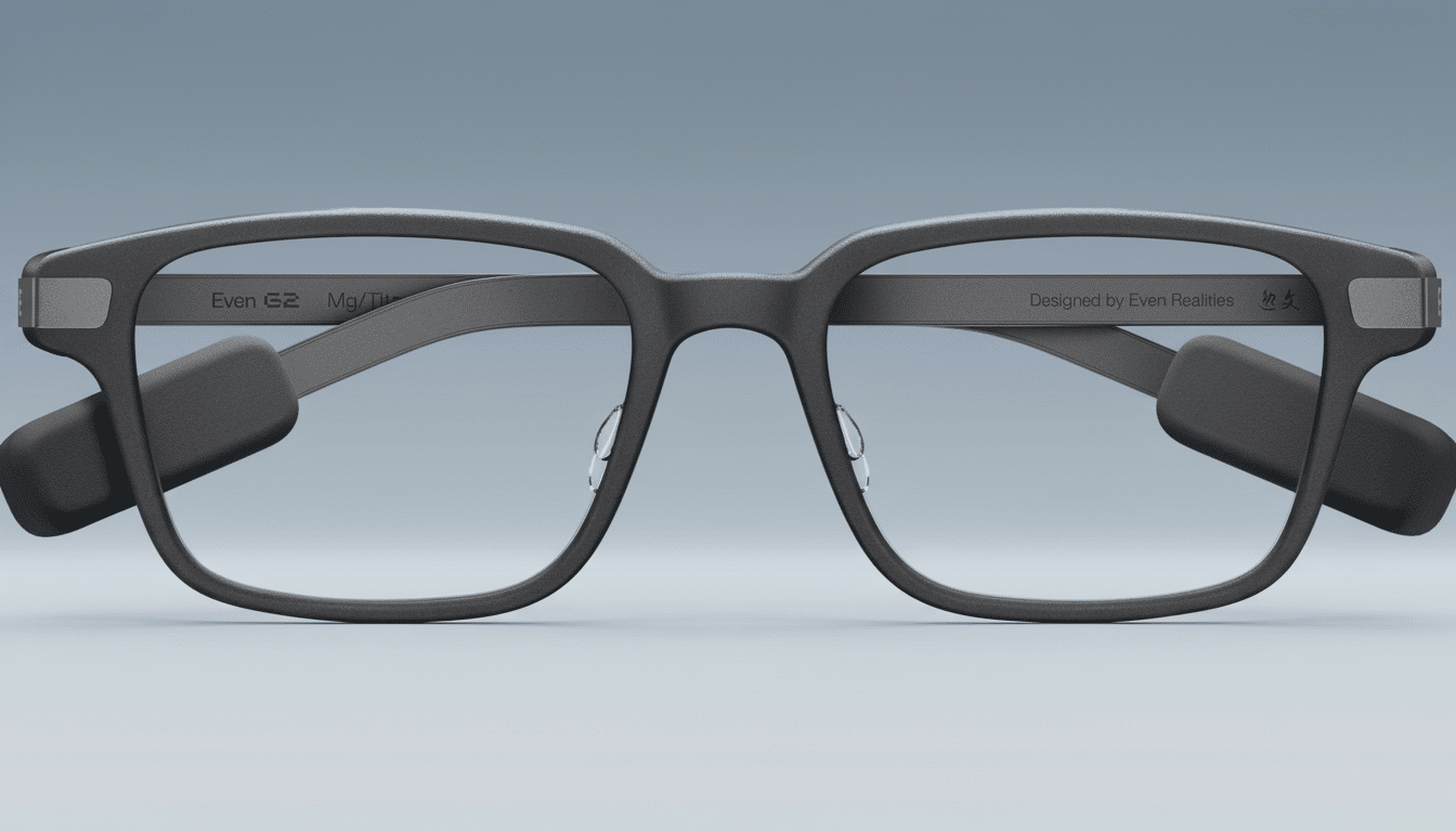 A pair of dark gray smart glasses with clear lenses, featuring Even E2 Mg/Ti and Designed by Even Realities text on the temples, presented against a soft blue-gray gradient background.