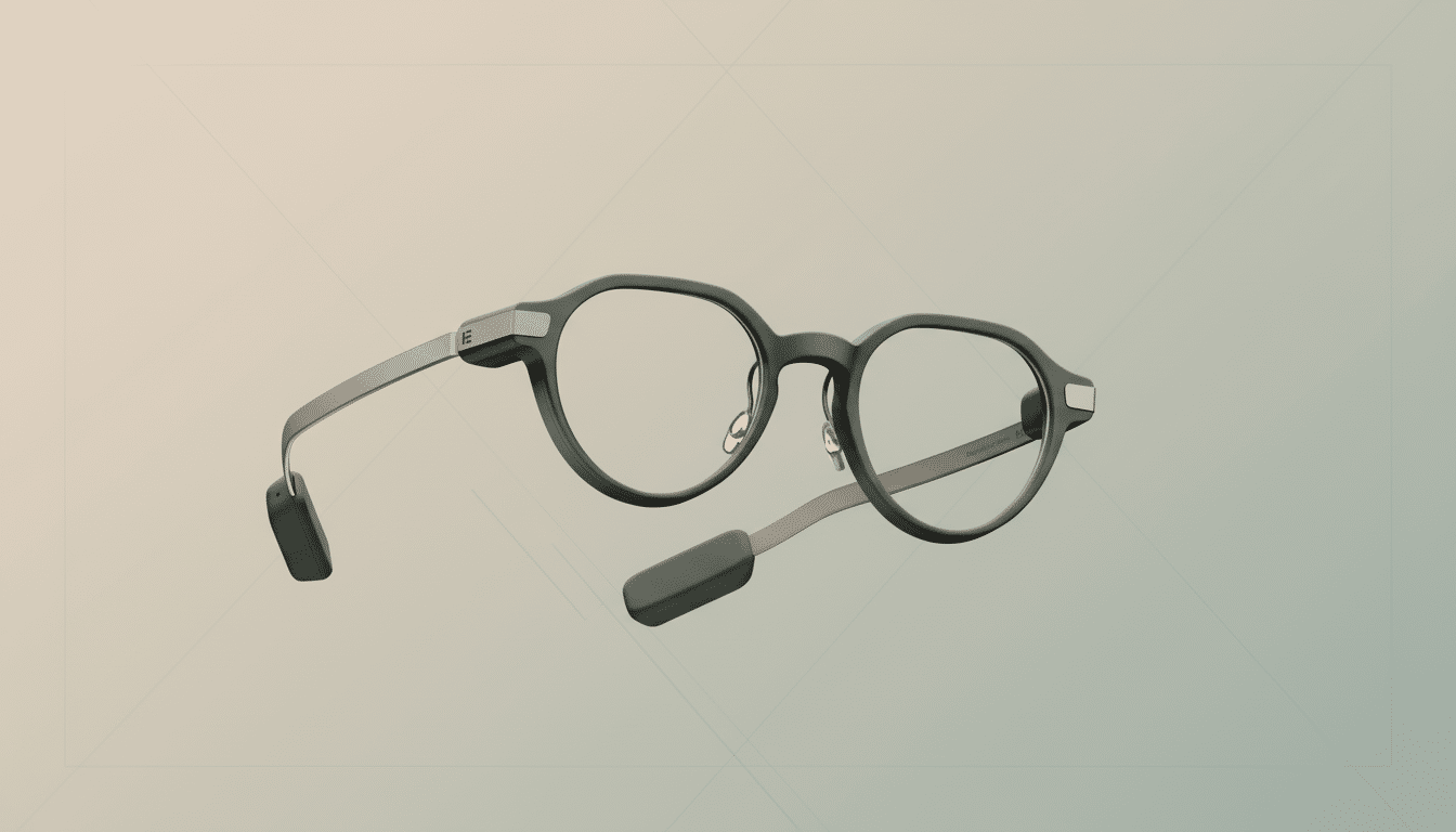 A pair of smart glasses with dark gray frames and silver temples, presented on a professional flat design background with soft patterns and gradients.