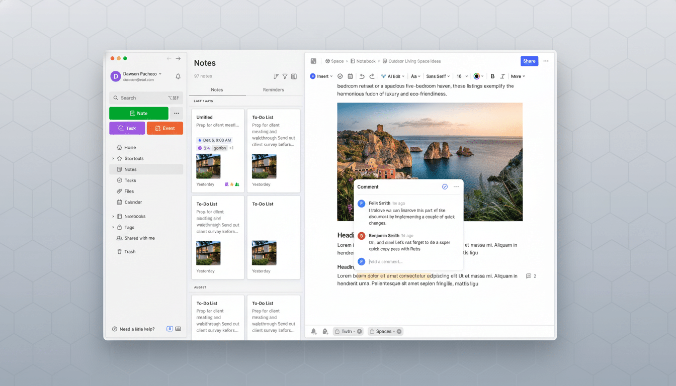 A screenshot of a note-taking application with a 16:9 aspect ratio. The left panel shows navigation options like Notes, Tasks, and Events. The main content area displays a list of notes and a detailed view of a note titled Outdoor Living Space Ideas, which includes an image of a coastal landscape and a comment section.