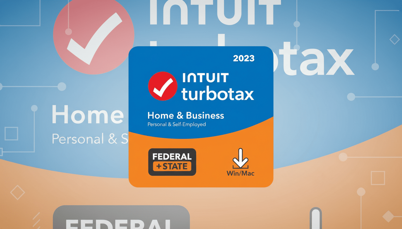 A 16:9 aspect ratio image of the Intuit TurboTax Home & Business 2023 software box art, featuring a blue and orange design with a red checkmark logo and text indicating Federal + State and Win/Mac. The background is a professional flat design with soft patterns and gradients.
