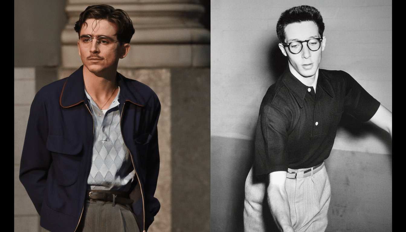 A split image showing a young man with a mustache and glasses in a blue jacket on the left, and a black and white image of a man with glasses and a dark shirt on the right, both resized to a 16:9 aspect ratio.