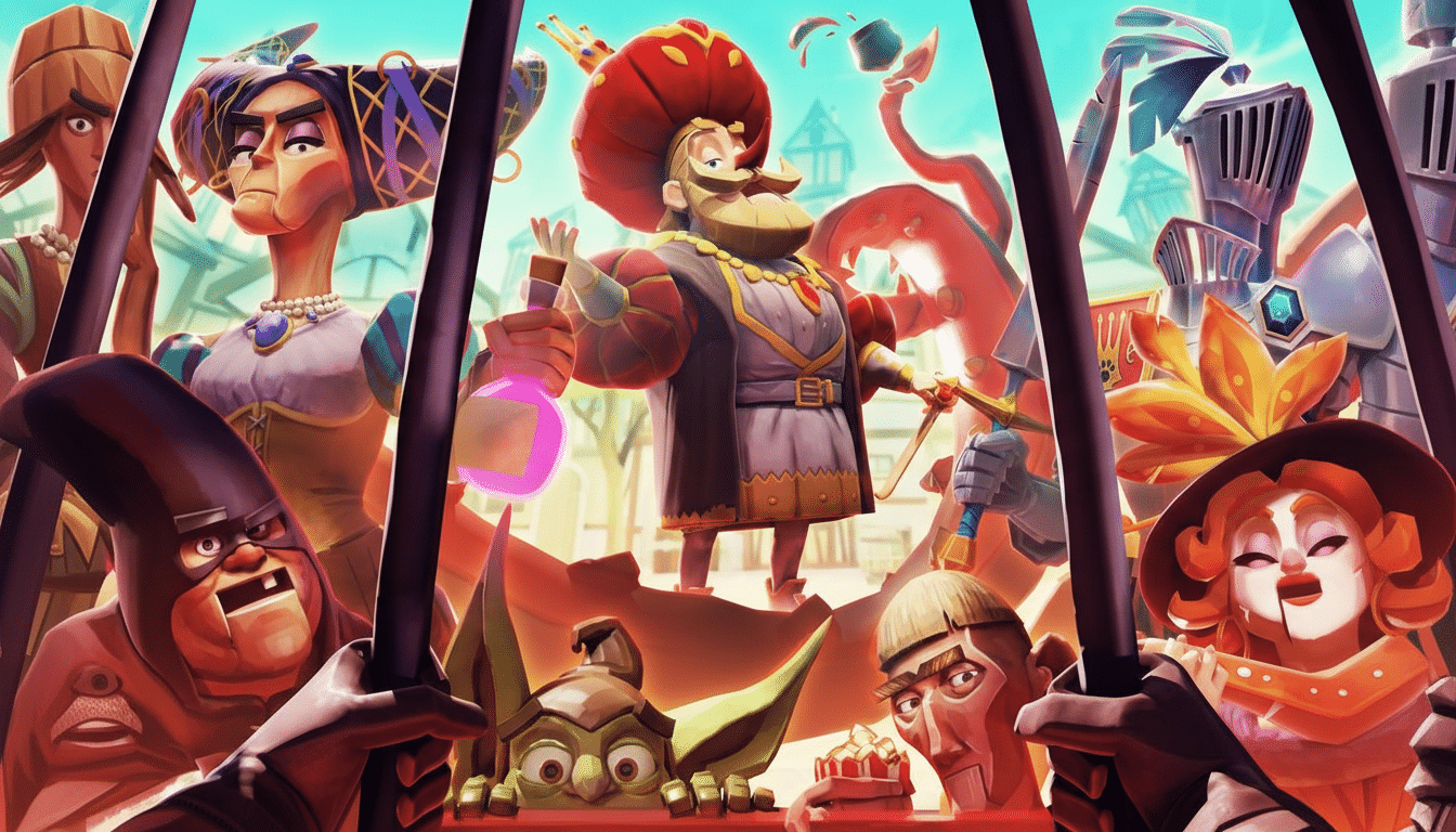 A vibrant, cartoon-style illustration depicting a crowd of diverse characters looking up at a central, regal figure holding a glowing pink potion.