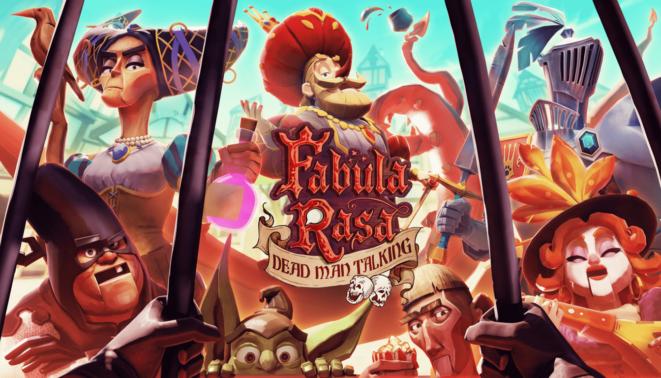 A vibrant, cartoonish illustration featuring a central character with a large red hat and beard, holding a pink potion, surrounded by various other characters with distinct expressions and costumes, all framed by dark vertical bars. The title Fabula Rasa Dead Man Talking is prominently displayed in the center.