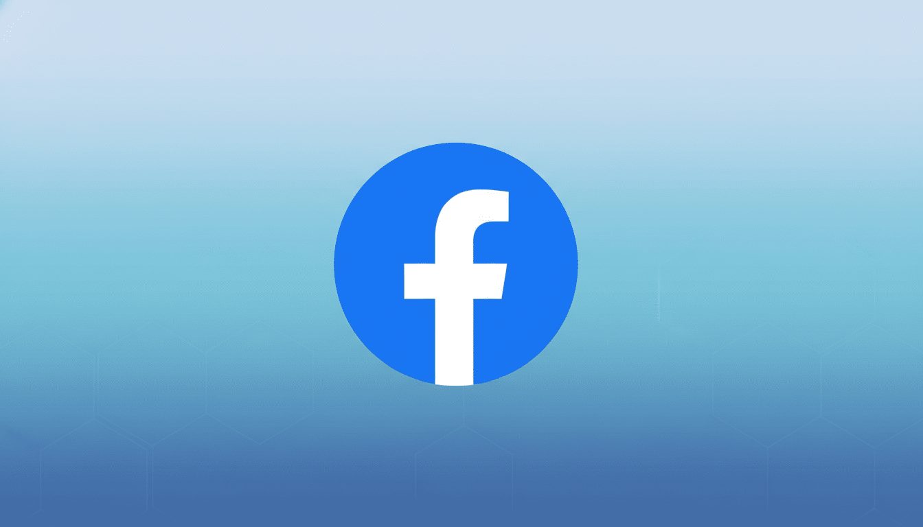 The Facebook logo, a white lowercase f on a blue circle, centered on a professional flat design background with soft blue gradients and subtle hexagonal patterns.