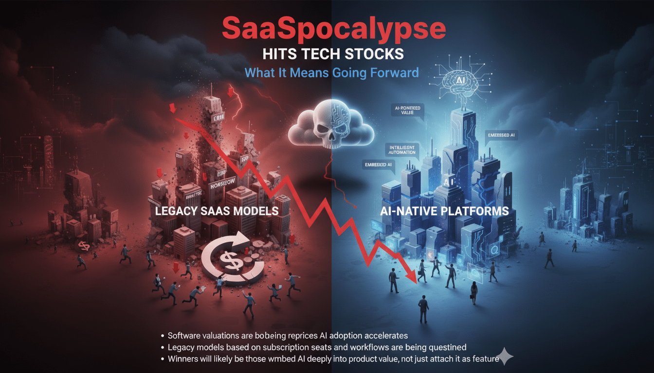 An infographic titled SaaSpocalypse HITS TECH STOCKS showing a red arrow declining from Legacy SaaS Models on the left to AI-Native Platforms on the right, illustrating a shift in the tech industry.