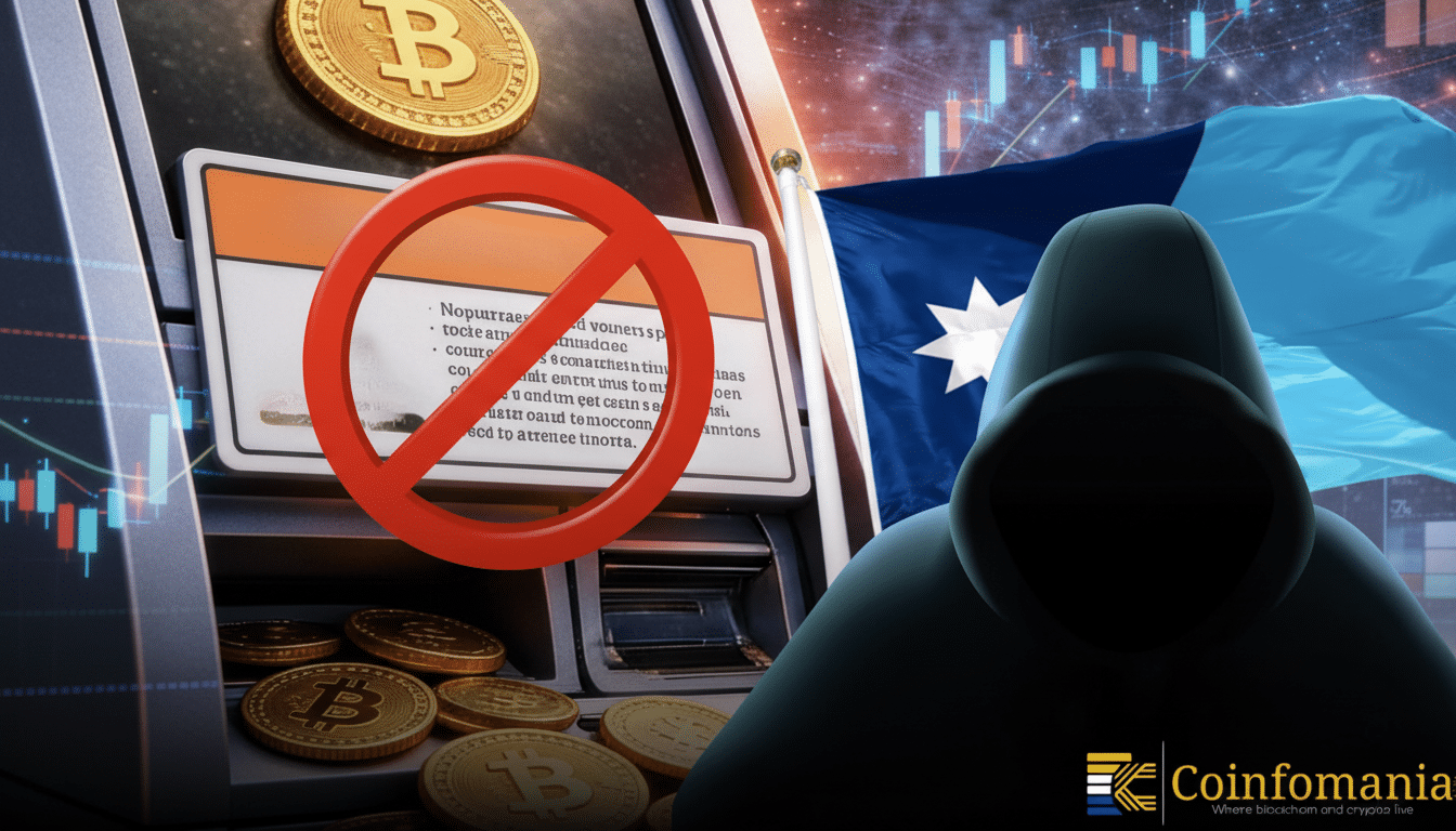 A 16:9 aspect ratio image showing a hooded figure in front of a slot machine with Bitcoin symbols, a red no-entry sign, and a flag in the background, with a Coinfomania logo at the bottom.
