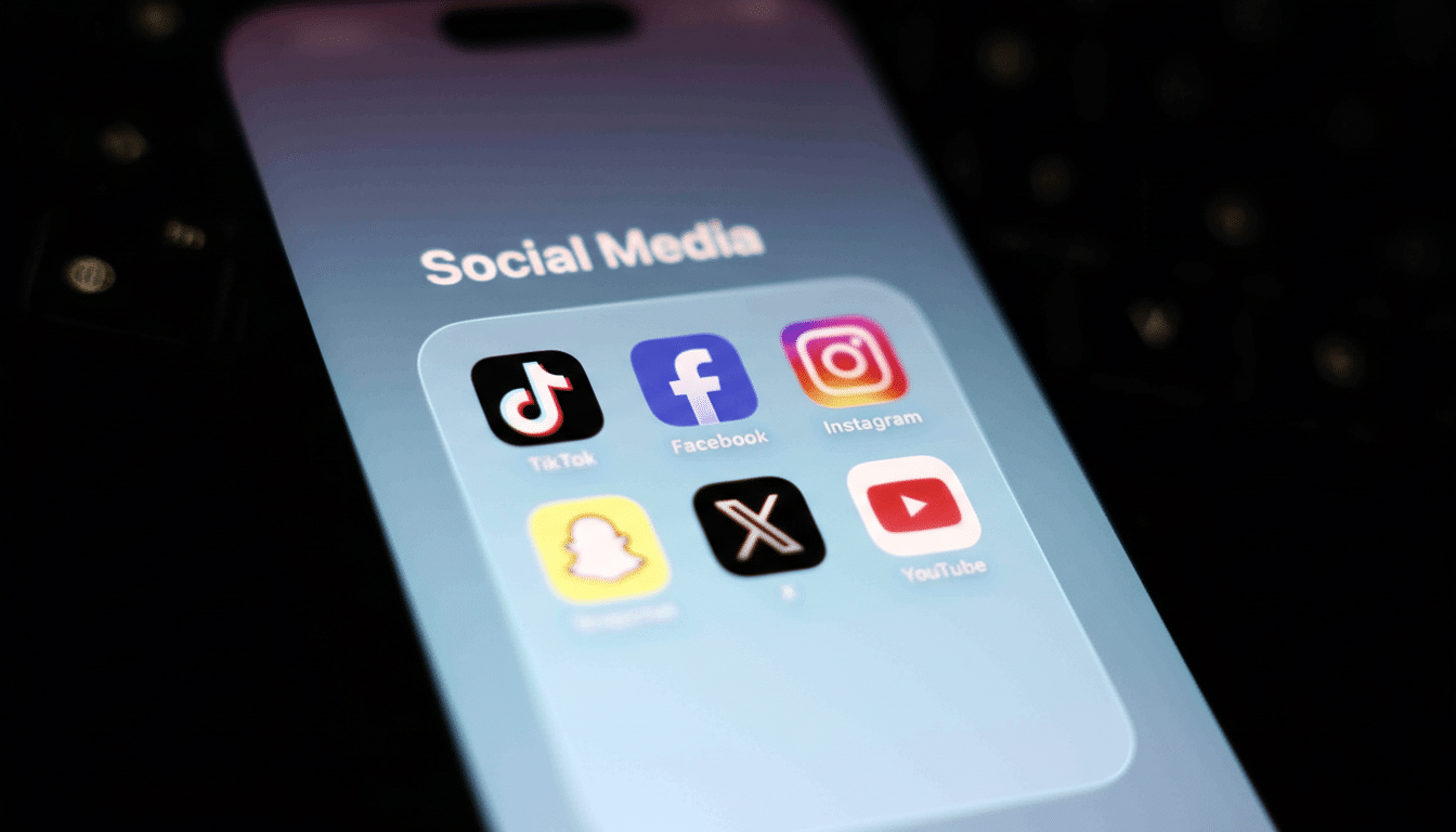 A smartphone screen displaying a Social Media folder with icons for TikTok, Facebook, Instagram, Snapchat, X, and YouTube.