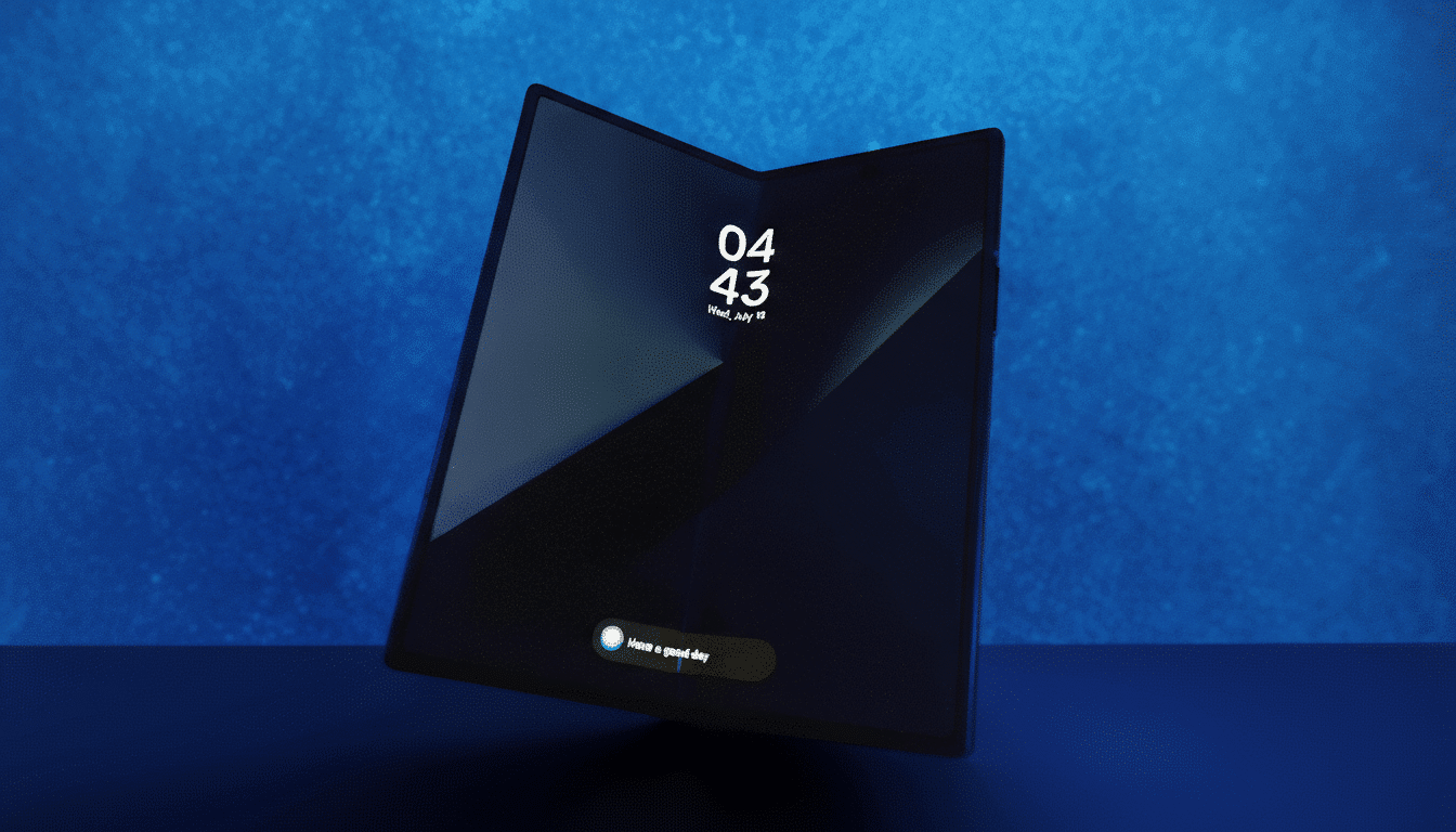 A foldable smartphone displaying the time and date, with a Have a good day message, set against a blue textured background.