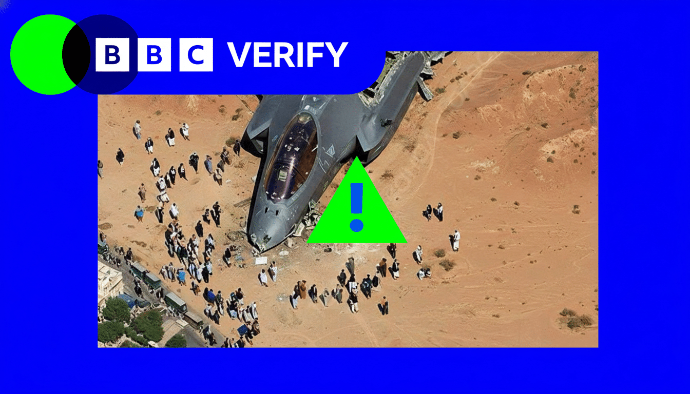 An aerial view of a crashed military jet surrounded by numerous people in a desert landscape, with a BBC Verify logo and a green triangular warning symbol overlaid on a blue background.