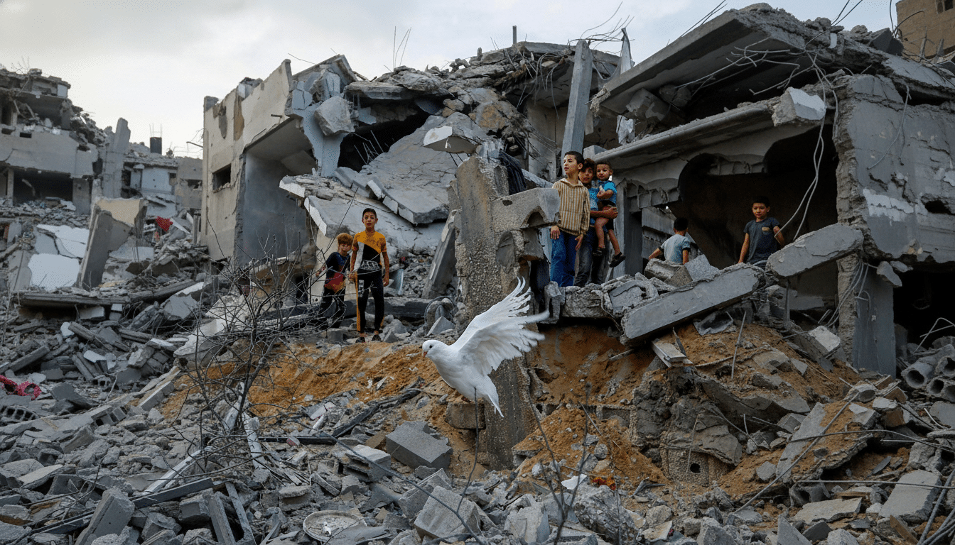 Children stand amidst the rubble of destroyed buildings, with a white dove in flight in the foreground.