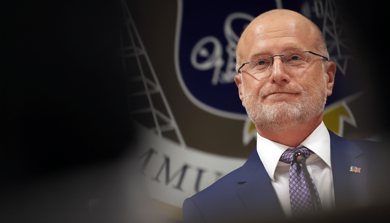 A man with a beard and glasses in a suit and tie, with a blurred background featuring a logo.