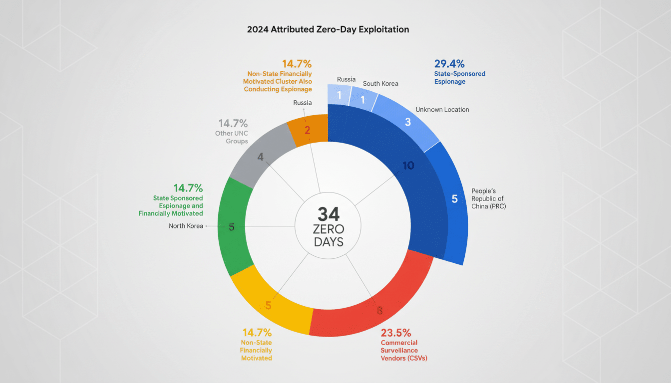 A pie chart titled 2024 Attributed Zero-Day Exploitation showing the distribution of 34 zero-day exploits. The largest segment, 29.4%, is State-Sponsored Espionage, with 10 exploits attributed to the Peoples Republic of China (PRC), 5 to an unknown location, 3 to Russia, and 1 to South Korea. The next largest segment, 23.5%, is Commercial Surveillance Vendors (CSVs) with 8 exploits. Other segments include Non-State Financially Motivated (14.7%, 5 exploits), State Sponsored Espionage and Financially Motivated (14.7%, 5 exploits, North Korea), Other UNC Groups (14.7%, 4 exploits), and Non-State Financially Motivated Cluster Also Conducting Espionage (14.7%, 2 exploits, Russia).
