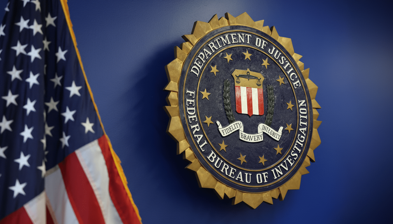 The FBI seal and an American flag against a blue wall, resized to a 16:9 aspect ratio.
