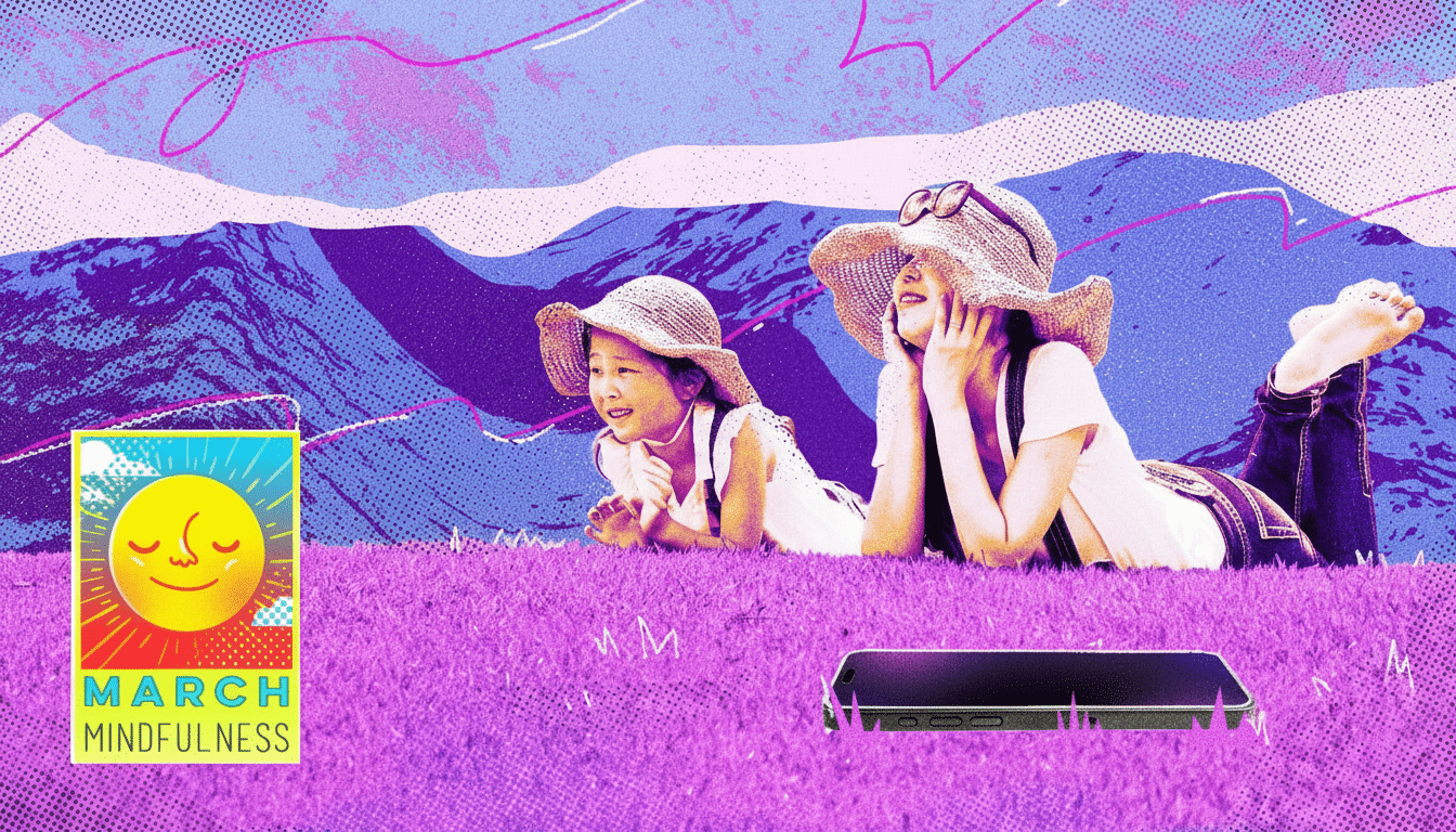 Two children in straw hats lying on purple grass, looking up at a stylized purple and blue mountain landscape. A March Mindfulness sun logo is in the bottom left, and a smartphone is in the bottom right.