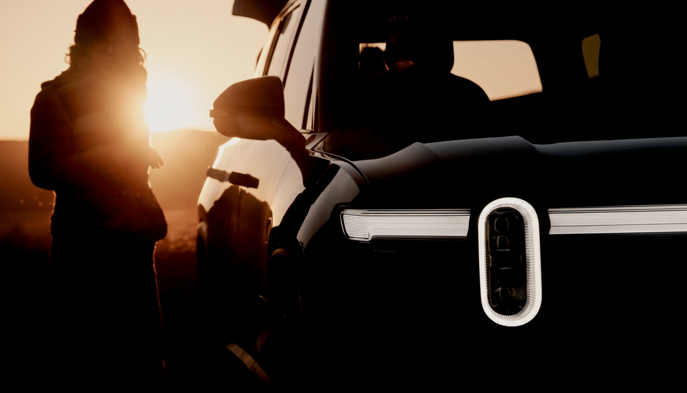 A person standing next to a car at sunset, resized to a 16:9 aspect ratio.