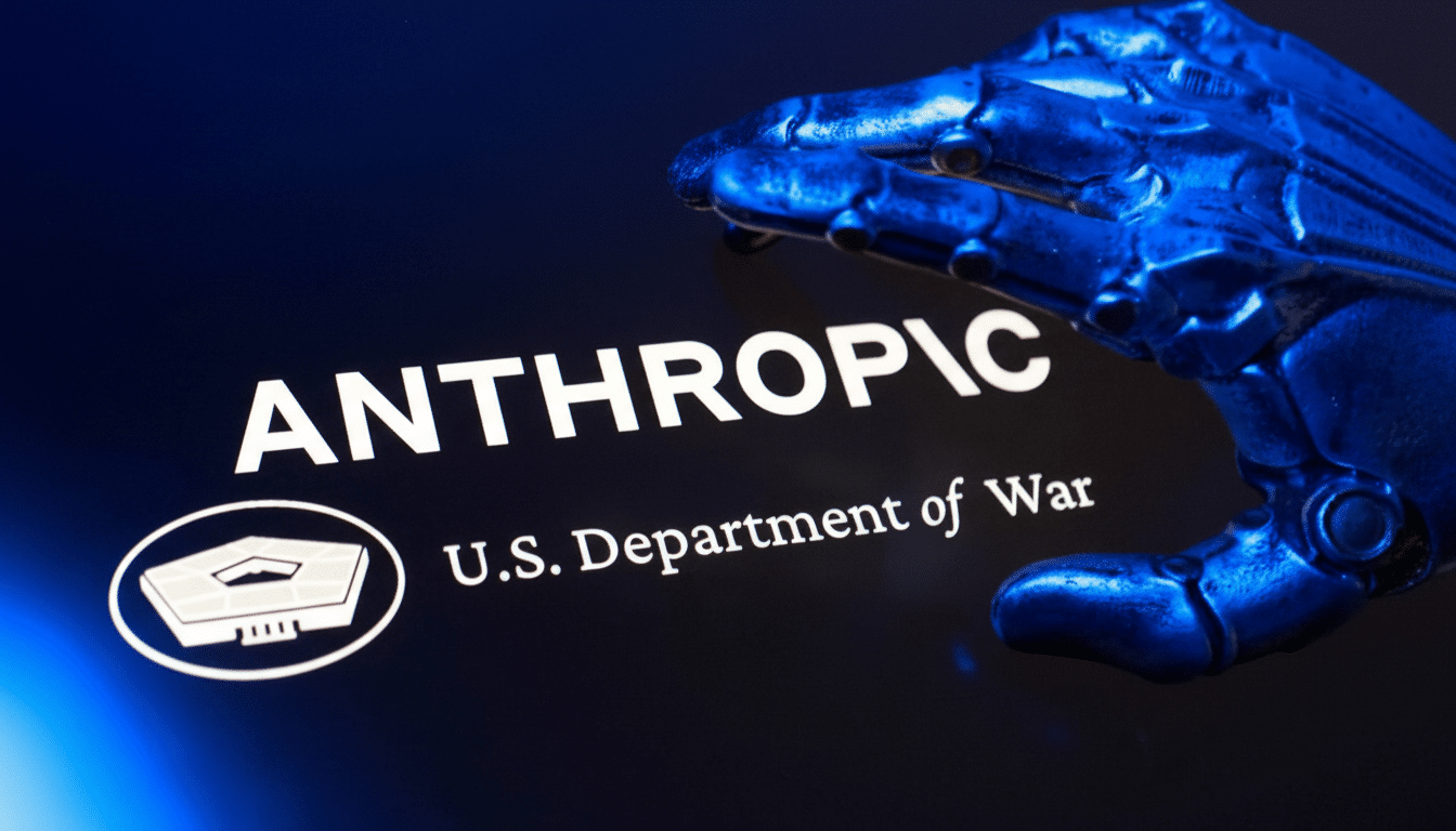 A blue robotic hand next to the words ANTHROPICC U.S. Department of War and the Pentagon logo.
