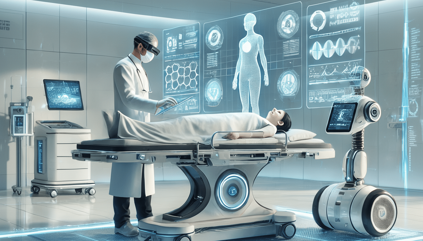 A doctor in a futuristic medical setting examining a patient lying on a high-tech bed, with holographic displays showing medical data and a robotic assistant nearby.