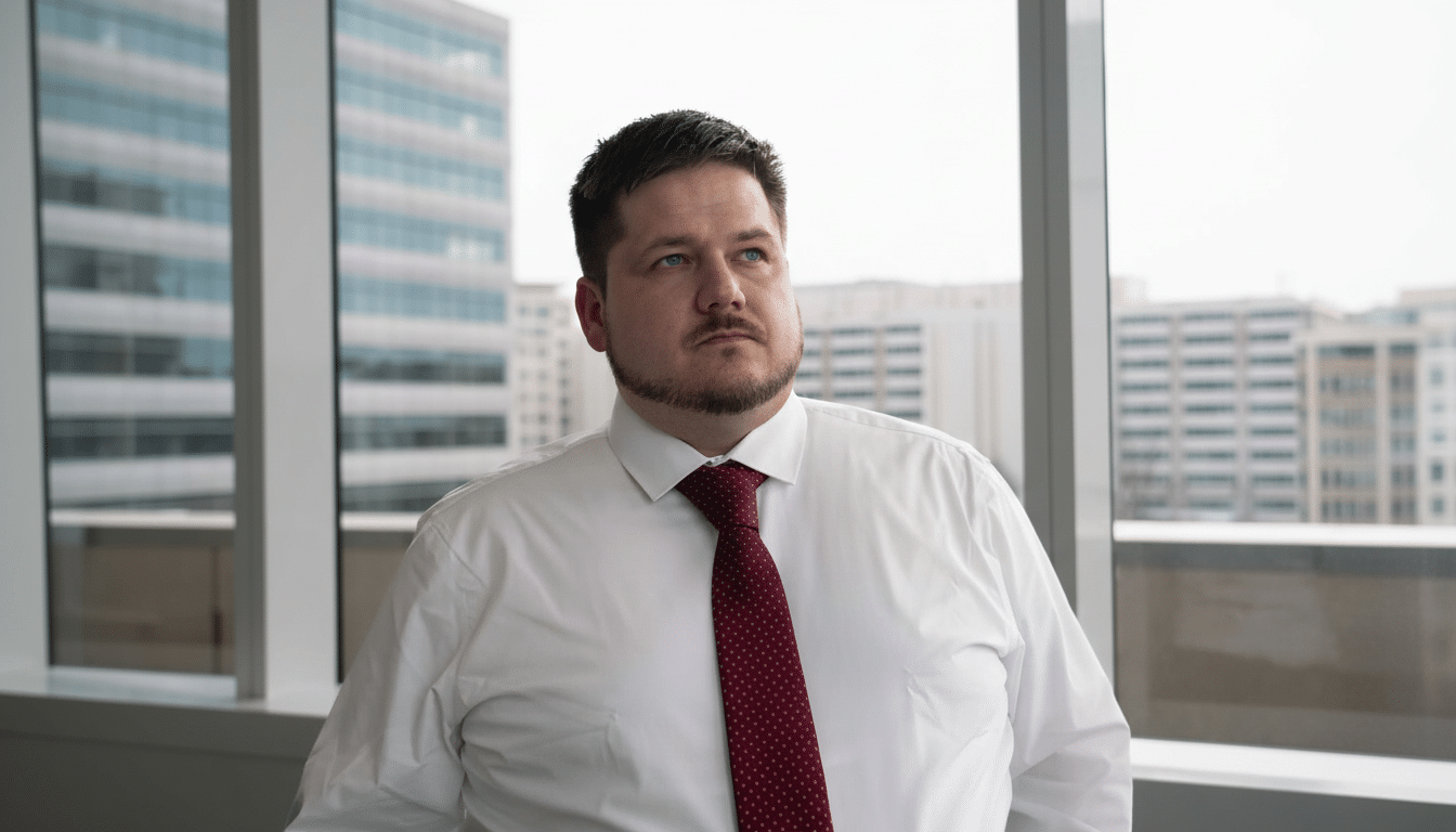 A man in a white shirt and red tie looking up and to the right, with a city building visible through a window in the background.