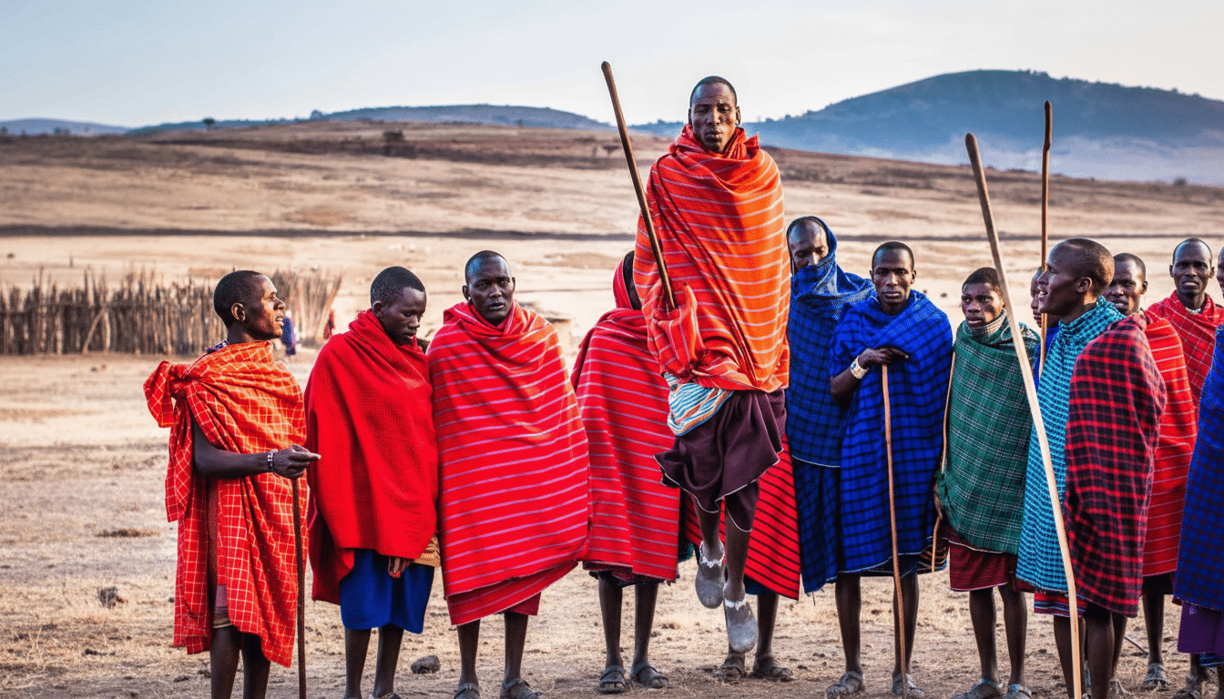 A group of Maasai men in traditional attire, with one man in the center jumping, set against a dry, open landscape with hills in the background.