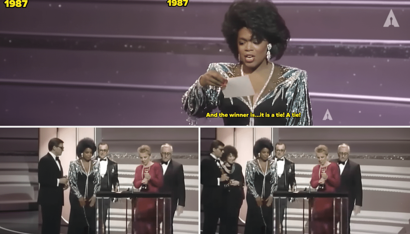 A split image from the 1987 Oscars. The top shows Oprah Winfrey on stage, holding a card and announcing a tie. The bottom shows Oprah and other presenters on stage, with the winners accepting their awards.