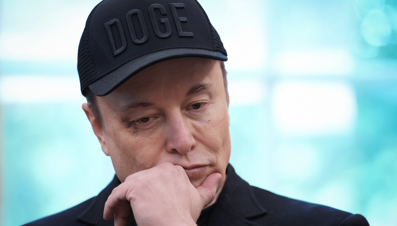 A man wearing a black DOGE cap, looking down thoughtfully with his hand on his chin.