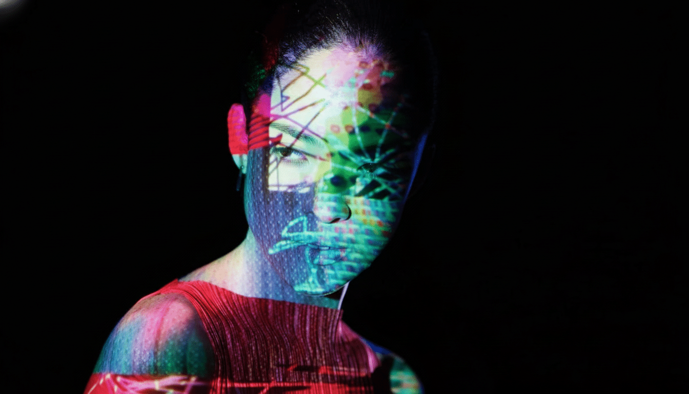 A womans face and upper body are illuminated by colorful, abstract light patterns against a dark background.