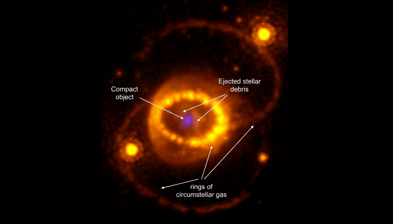 An image of a compact object surrounded by ejected stellar debris and rings of circumstellar gas, set against a dark background with other bright celestial bodies.