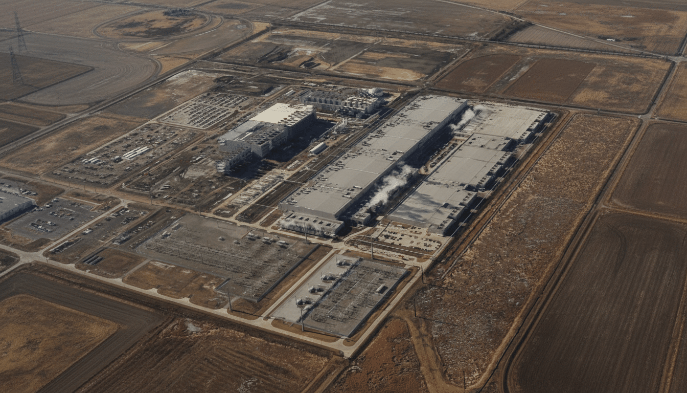 An aerial view of a large industrial complex with multiple buildings and surrounding fields, resized to a 16:9 aspect ratio.