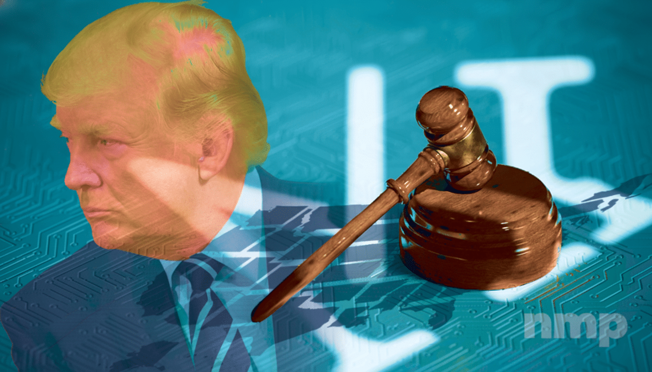A 16:9 aspect ratio image featuring a translucent image of Donald Trump overlaid on a circuit board pattern, with a wooden gavel and sound block in the foreground.