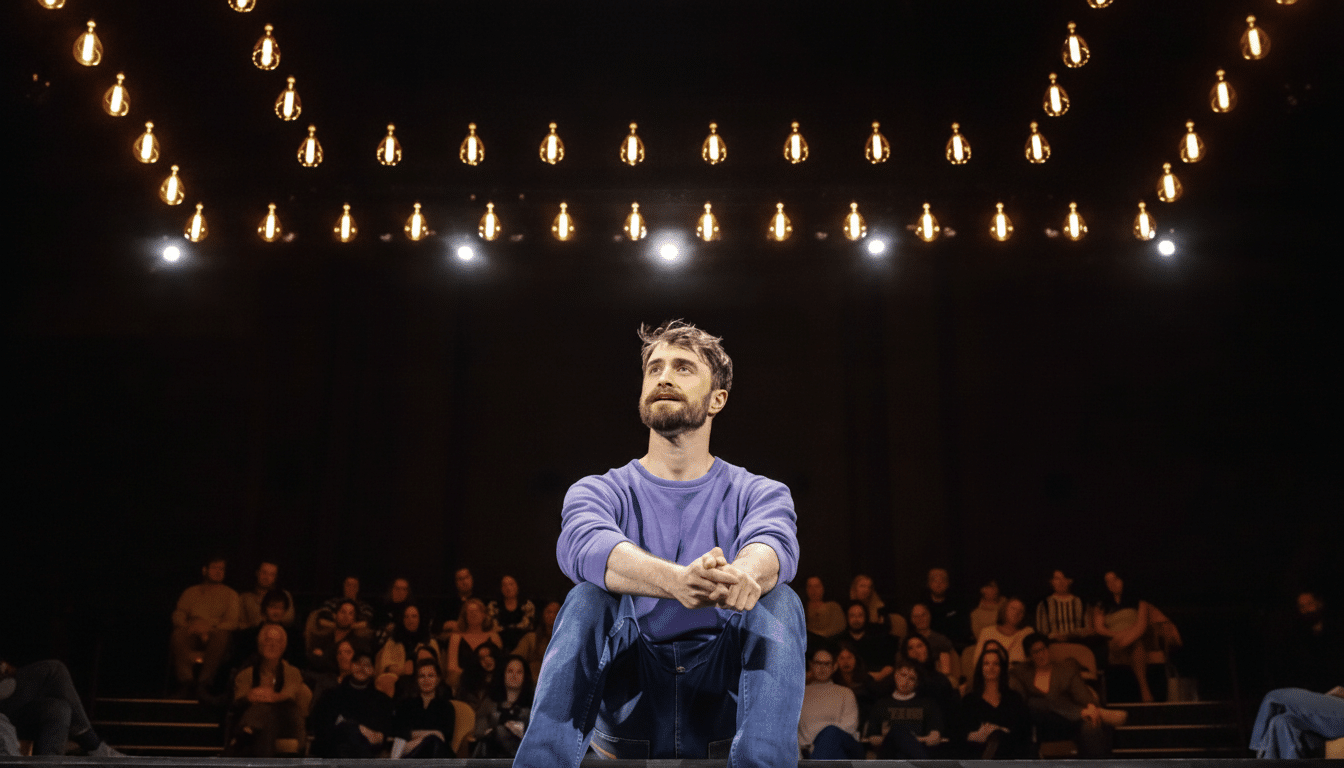 A man with a beard, wearing a purple sweater and jeans, sits on a stage looking upwards, with an audience blurred in the background and a curved array of lights above.