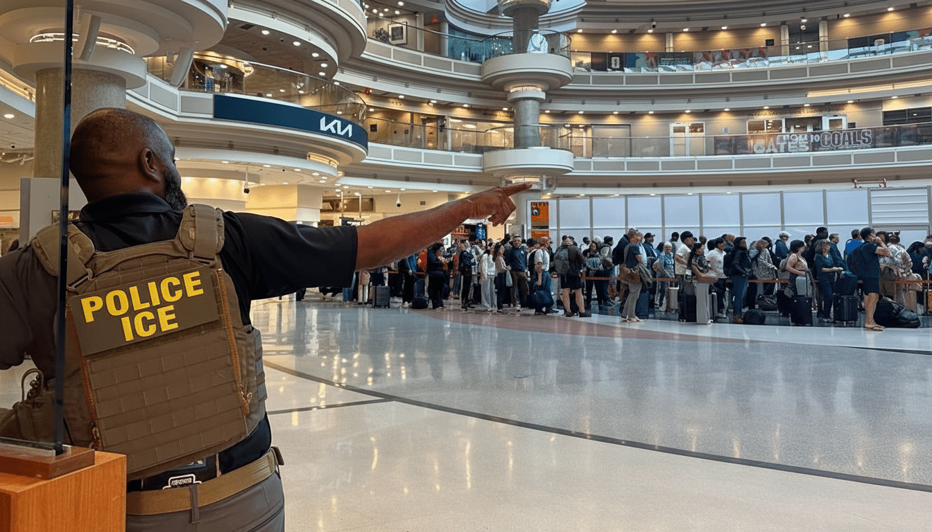 A police officer with POLICE ICE on his vest points towards a long line of people in an airport terminal.