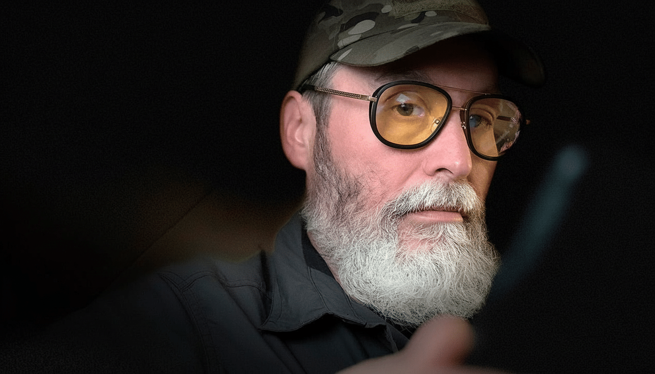 A man with a white beard and yellow-tinted glasses, wearing a camouflage cap and a dark shirt, looking forward with a dark background.