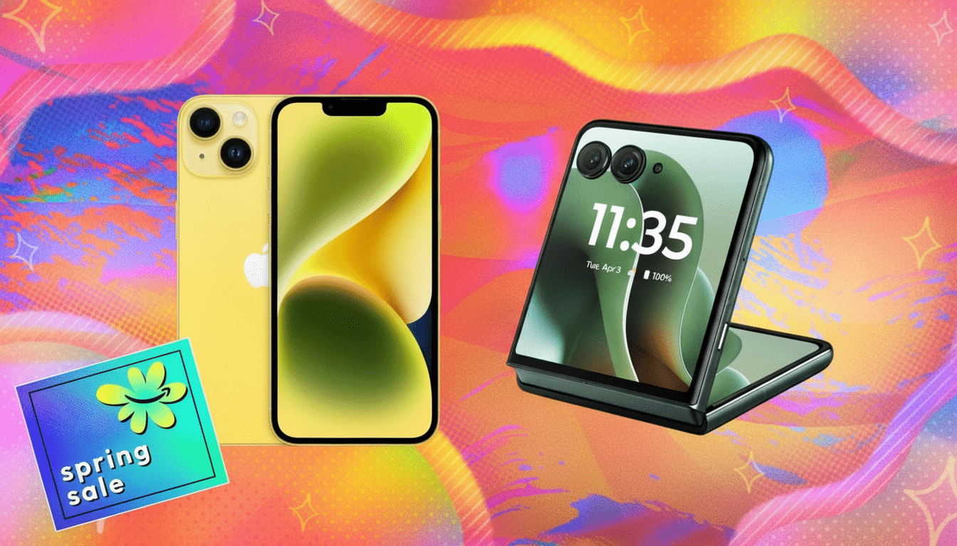 A yellow iPhone and a black flip phone are displayed on a vibrant, abstract background with an Amazon Spring Sale tag in the foreground.