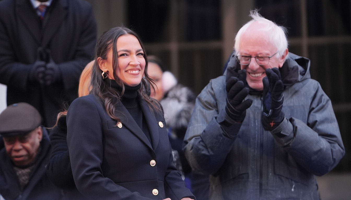 A woman with dark hair and a dark blazer smiles while standing next to an older man with white hair and glasses who is laughing and clapping.