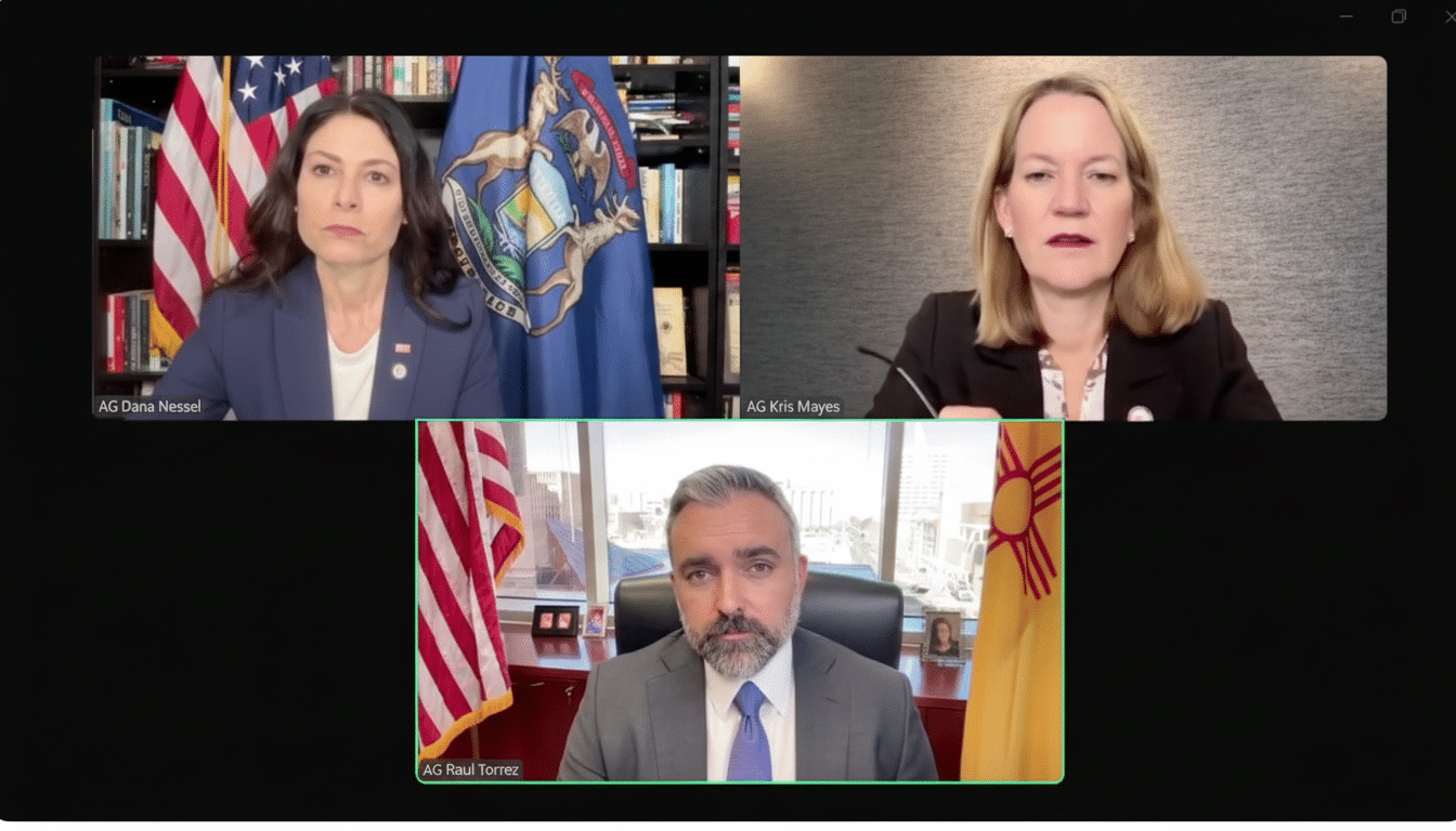 A screenshot of a video conference with three participants: AG Dana Nessel, AG Kris Mayes, and AG Raul Torrez.